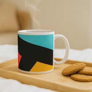 “Taza con diseño abstracto colorido en bandeja de desayuno”