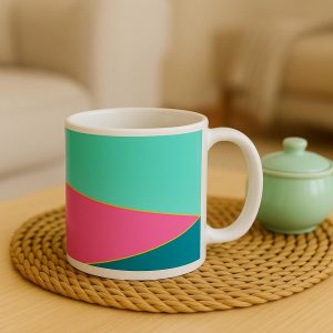 Taza moderna sobre escritorio en luz cálida con diseño geométrico”