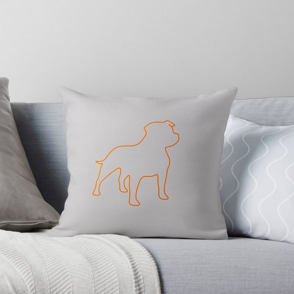 Cojín decorativo cuadrado con silueta de perro en línea naranja sobre fondo gris claro.