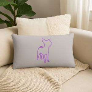 Cojín decorativo gris claro con silueta de chihuahua en línea fucsia.