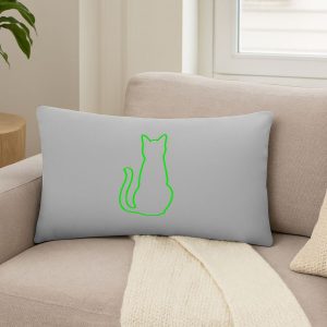 Cojín decorativo gris claro con dibujo minimalista de un gato visto desde atrás en línea verde.