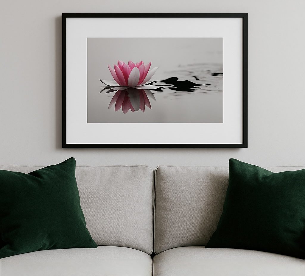 Lámina decorativa con flores rosadas sobre pared blanca – arte para interiores elegantes