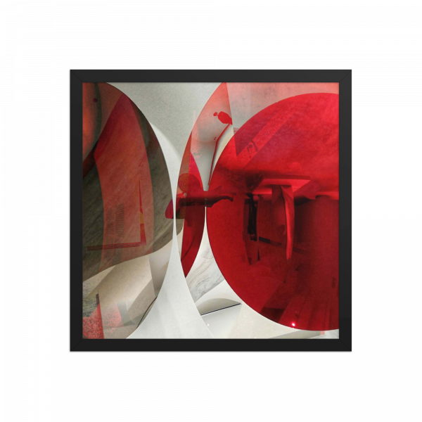 Lámina abstracta en tonos rojos y blancos con formas geométricas redondeadas, ideal para decoración moderna.