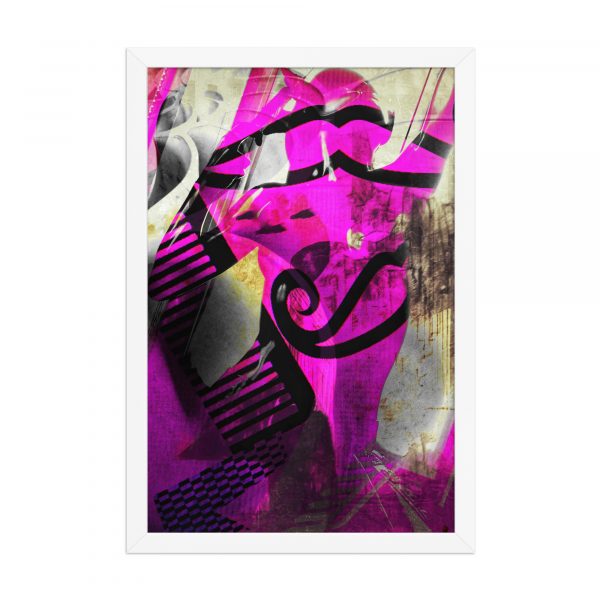 Lámina vertical de arte digital en tonos fucsia, negro y gris, con formas abstractas, trazos gráficos y texturas superpuestas. Formato 35x40 cm, impresa en papel artístico de alta calidad.