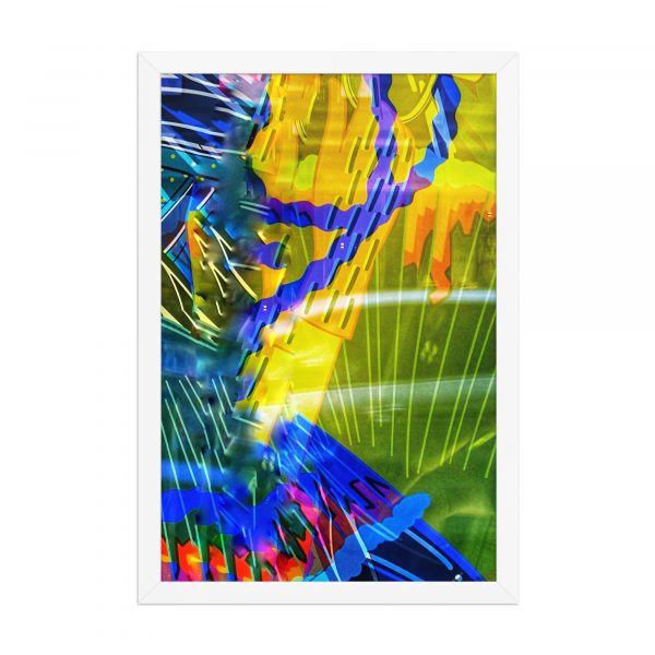 Lámina vertical de arte digital en colores vibrantes, con líneas geométricas y superposiciones abstractas en azul, amarillo, verde y fucsia, tamaño 35x40 cm, ideal para decoración moderna. SEO: arte digital colorido, lámina vertical moderna, decoración con arte abstracto, obra gráfica contemporánea