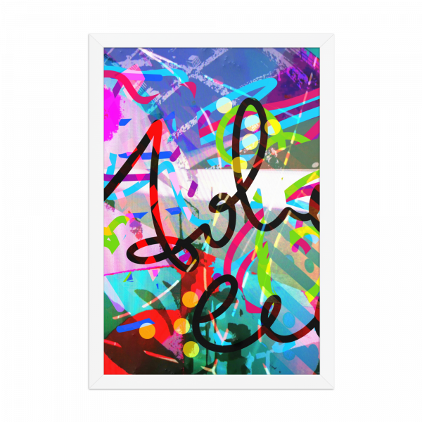 Lámina vertical de arte digital en colores intensos con formas abstractas, manchas y letras negras superpuestas en estilo manuscrito. Composición colorida y expresiva.