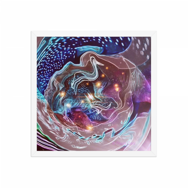 Lámina abstracta en tonos azul, púrpura y blanco con trazos luminosos, estrellas y formas en espiral.
