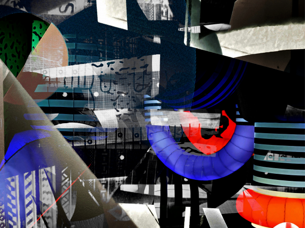 Arte digital ciudad caótica, lámina urbana abstracta contemporánea