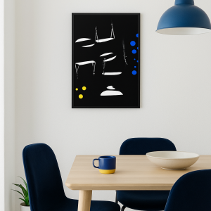 Lámina artística en blanco y negro con toques de azul y amarillo, diseño abstracto geométrico sobre fondo negro.