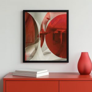 Lámina abstracta en tonos rojos y blancos con formas geométricas redondeadas, ideal para decoración moderna.