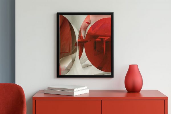 Lámina abstracta en tonos rojos y blancos con formas geométricas redondeadas, ideal para decoración moderna.