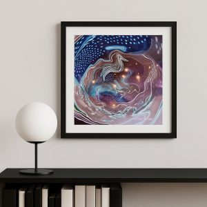 Lámina abstracta en tonos azul, púrpura y blanco con trazos luminosos, estrellas y formas en espiral.