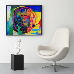 Obra abstracta de Paola Ceci con formas geométricas y colores neón intensos, inspirada en un cielo oculto