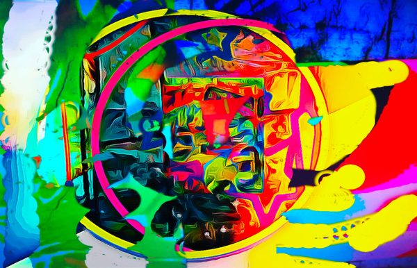 Obra abstracta de Paola Ceci con formas geométricas y colores neón intensos, inspirada en un cielo oculto