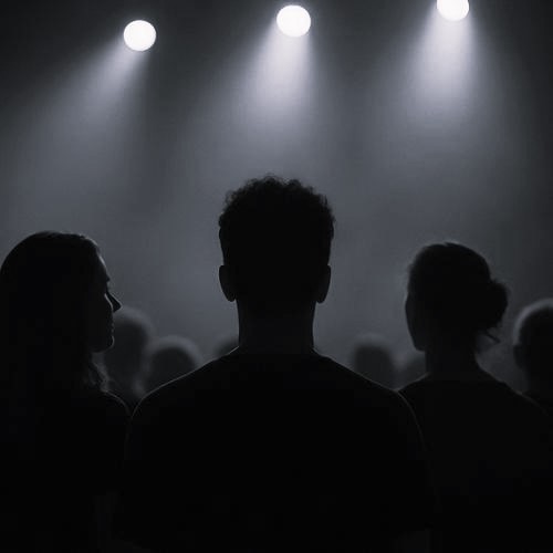Tres personas vistas de espaldas en una sala oscura, iluminadas por focos cálidos que caen desde lo alto, rodeadas de más figuras desenfocadas en segundo plano.