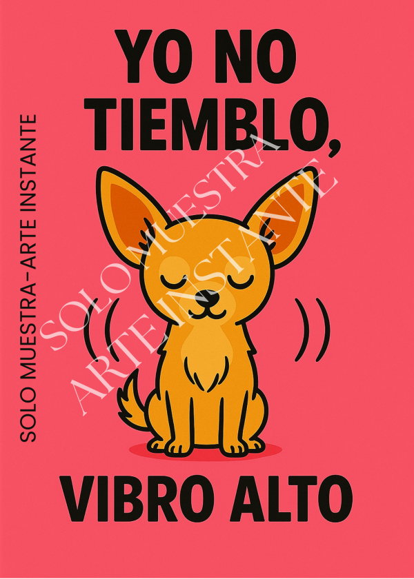 Ilustración digital de un Chihuahua amarillo sobre fondo rosa – lámina descargable