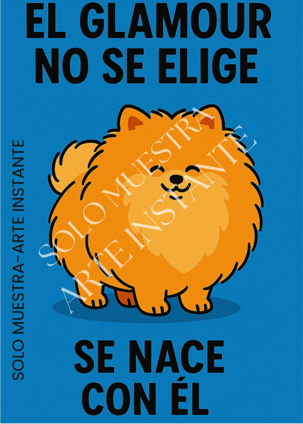 Ilustración digital de un perro Pomerania naranja sobre fondo azul – lámina descargable