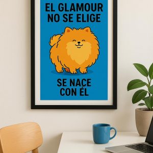 Ilustración digital de un perro Pomerania naranja sobre fondo azul – lámina descargable