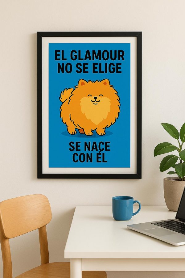 Ilustración digital de un perro Pomerania naranja sobre fondo azul – lámina descargable