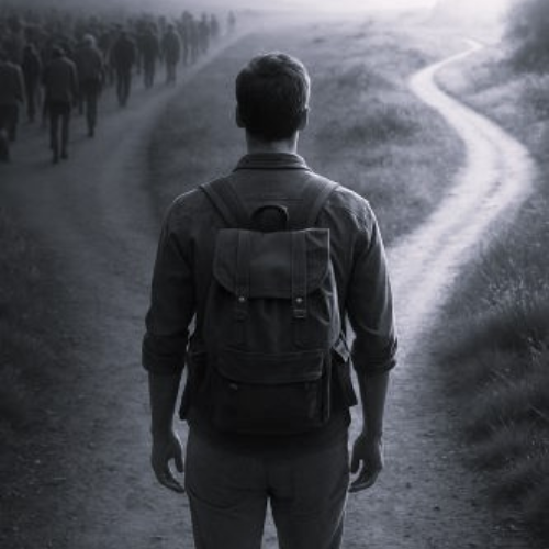 Joven de espaldas con mochila en un cruce de caminos: a la izquierda una multitud avanza por un camino gris, mientras a la derecha se abre un sendero soleado y luminoso hacia la naturaleza.